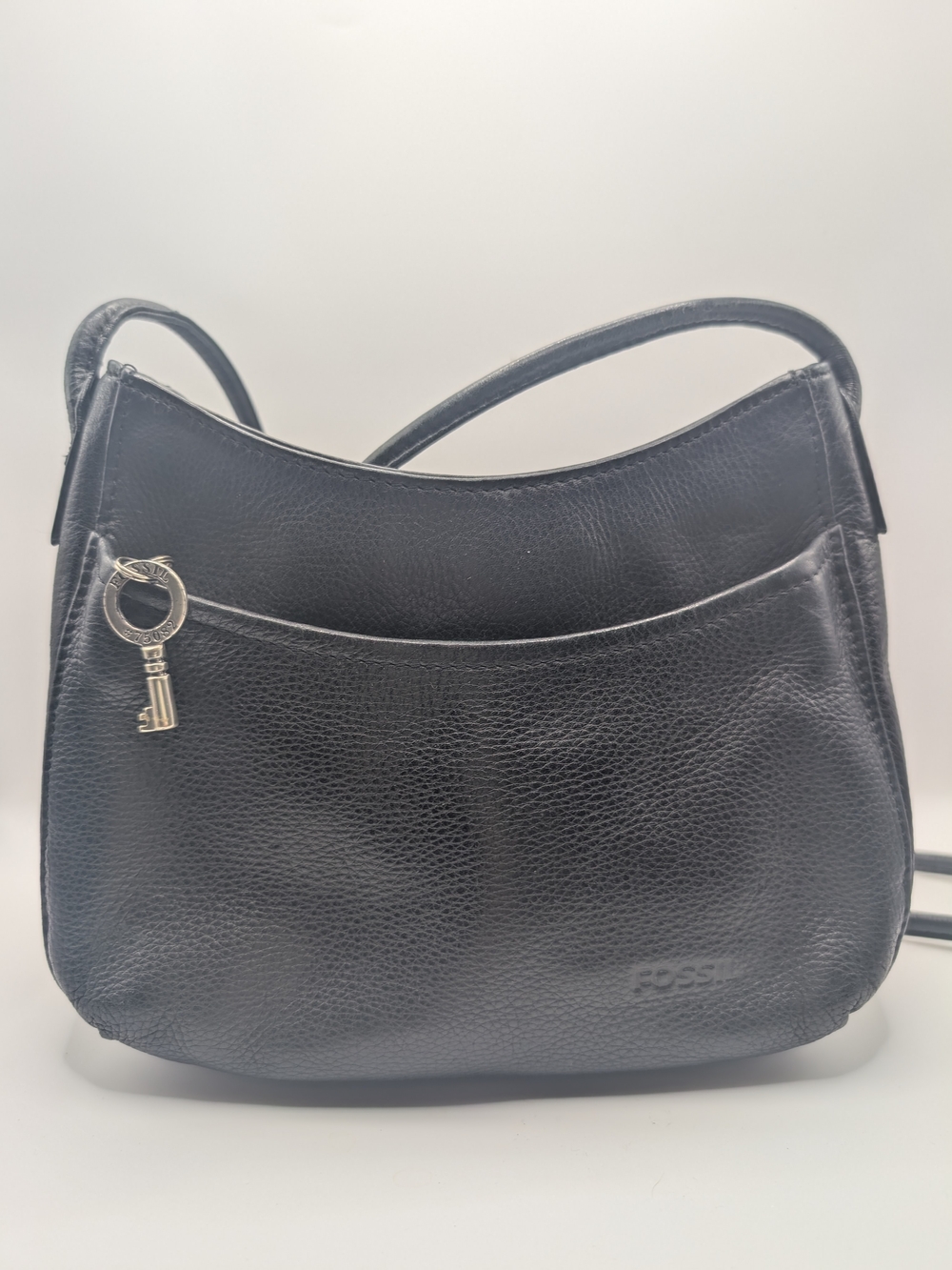 Fossil Black Pebbled Leather Shoulder Bag with Key Charm